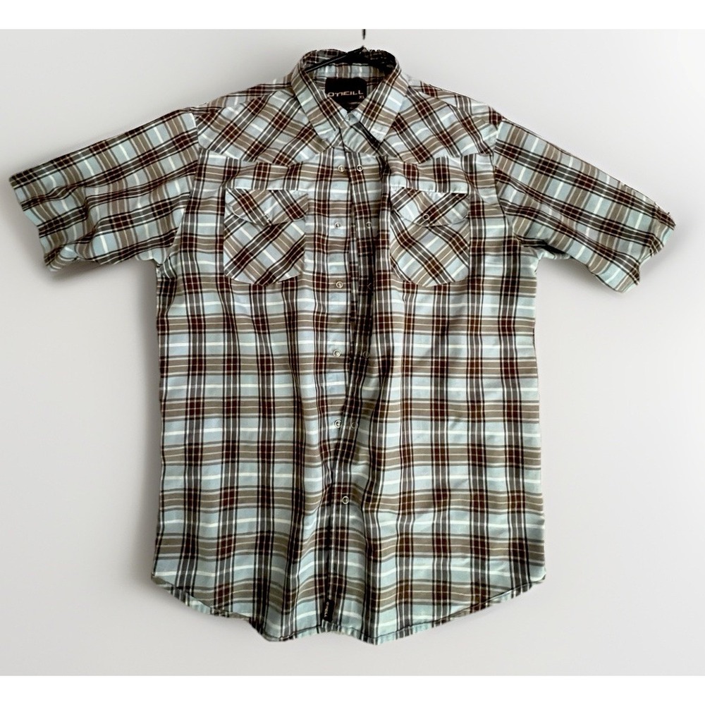 O'Neill Men's XL Plaid Short Sleeve SNAP Button Shirt Brown Western Pockets